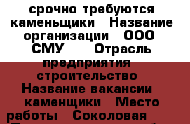 срочно требуются каменьщики › Название организации ­ ООО “СМУ-7“ › Отрасль предприятия ­ строительство › Название вакансии ­ каменщики › Место работы ­ Соколовая 194 › Подчинение ­ прорабу › Минимальный оклад ­ 20 000 › Максимальный оклад ­ 60 000 › Возраст от ­ 18 › Возраст до ­ 58 - Саратовская обл. Работа » Вакансии   